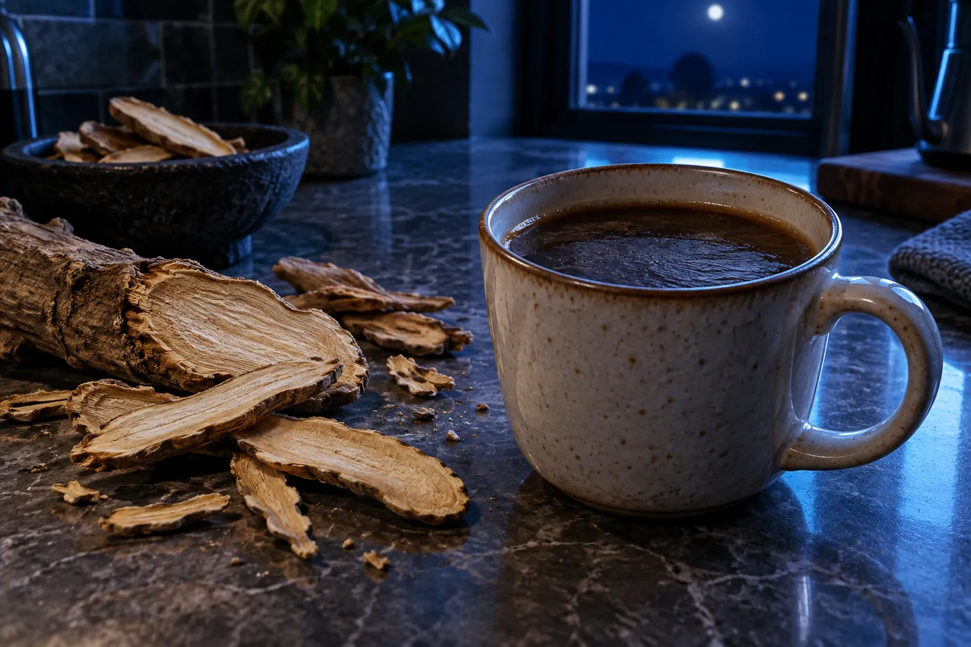 Mug kopi tongkat ali yang dah sejuk dengan hirisan akar tongkat ali di kaunter dapur malam