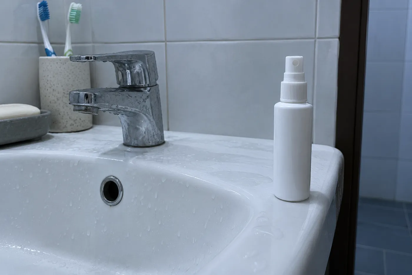 Botol spray tanpa jenama di tepi sinki