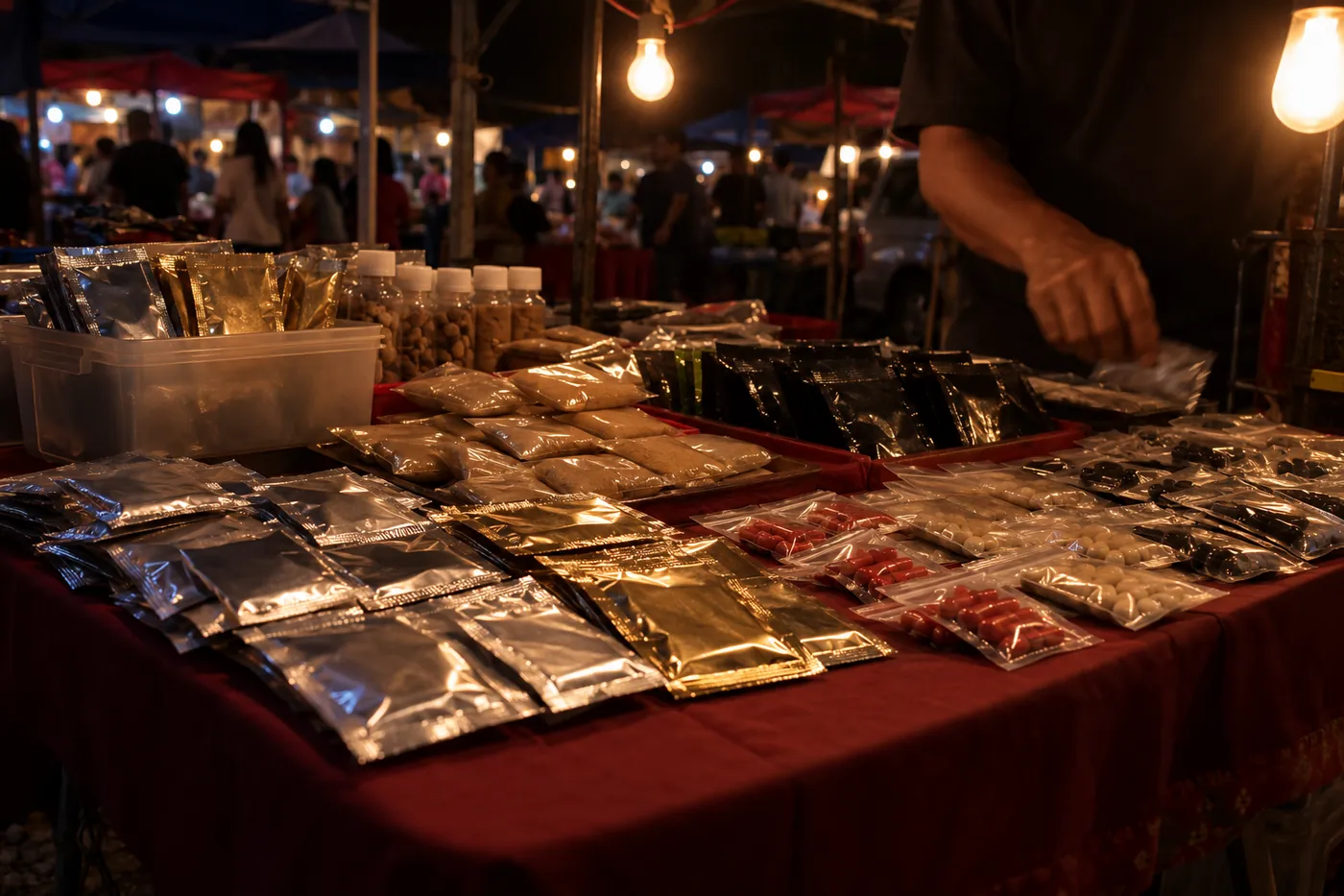 Sachet ubat kuat tanpa label di gerai pasar malam