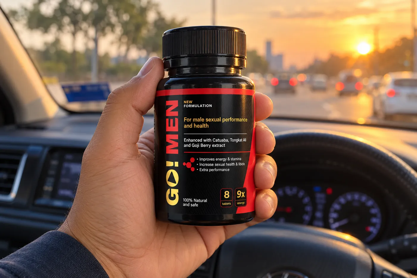 Tangan suami memegang botol Go Men dalam kereta waktu petang