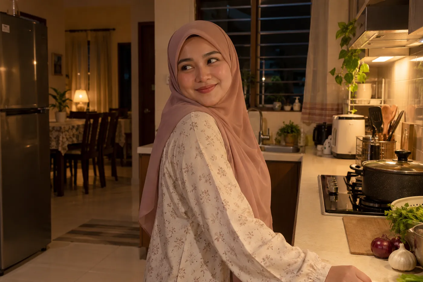 Isteri bertudung di dapur malam menoleh ke suami sambil senyum malu