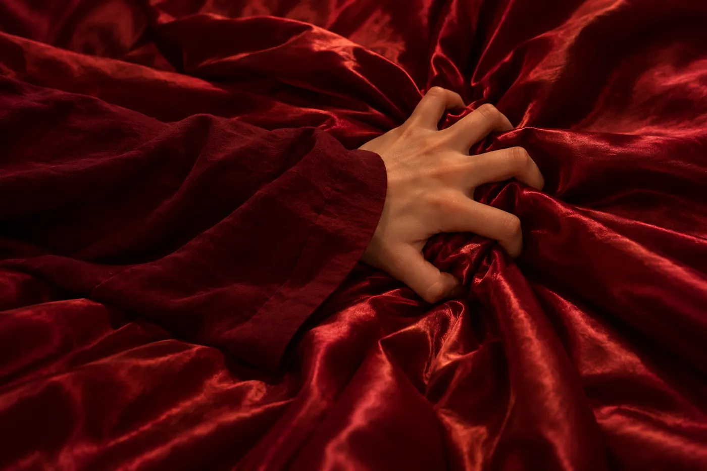 Tangan isteri mencengkam cadar satin merah sampai berkedut