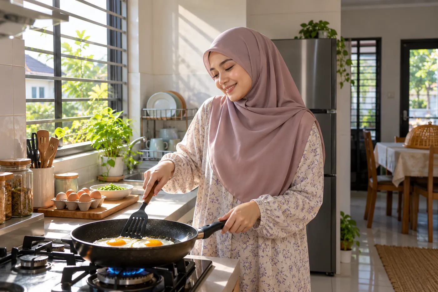 Isteri memasak sarapan pagi sambil menyanyi dan tersenyum sendiri