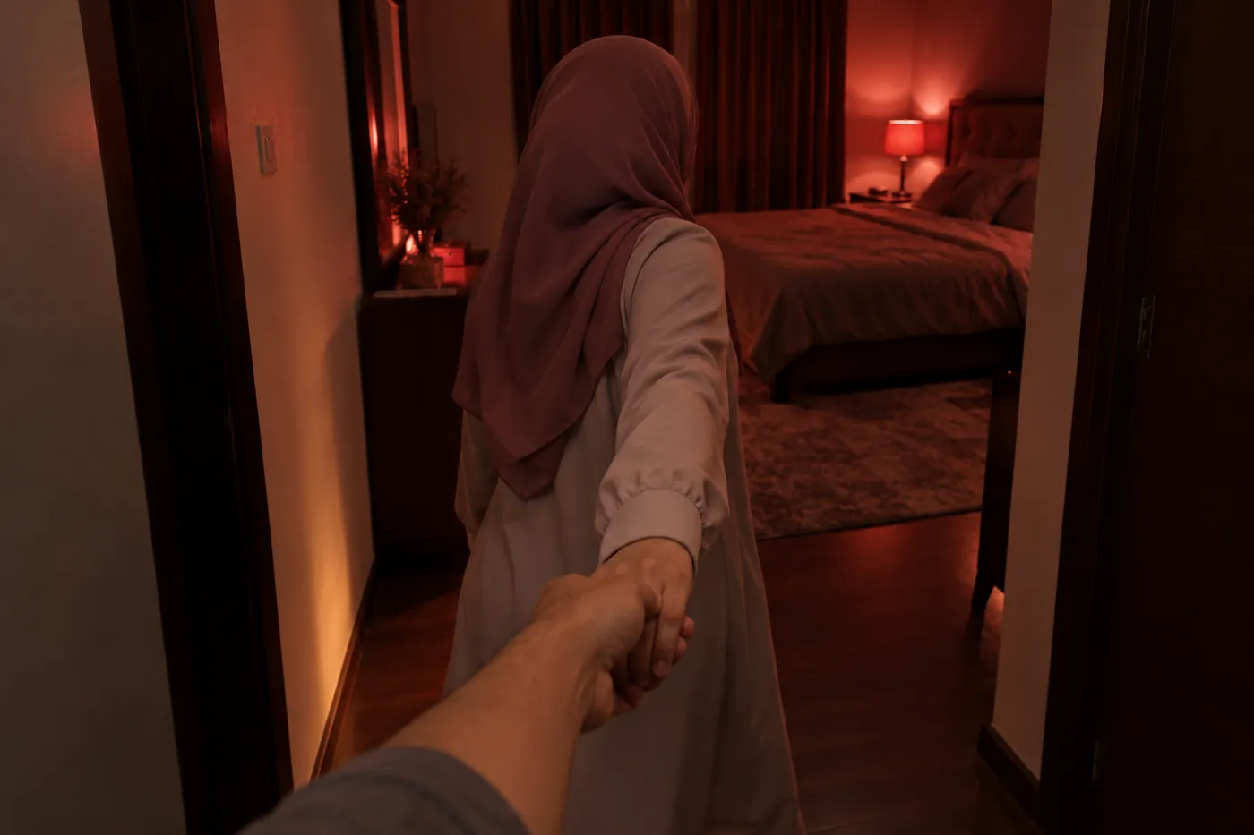 Isteri menarik tangan suami masuk bilik berlampu merah