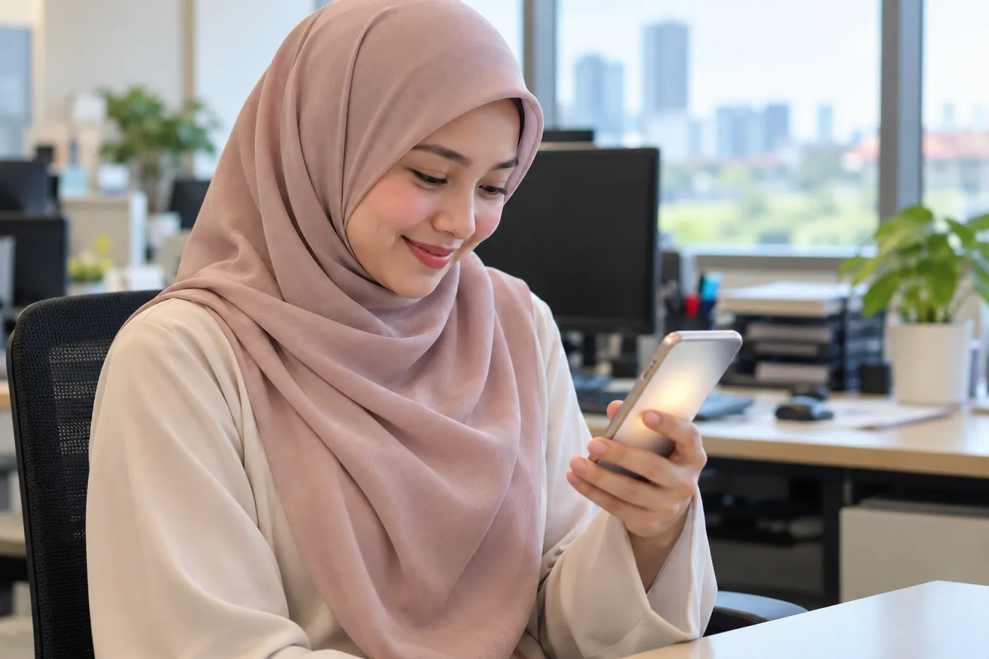 Tangan isteri memegang telefon sambil tersenyum, di pejabat