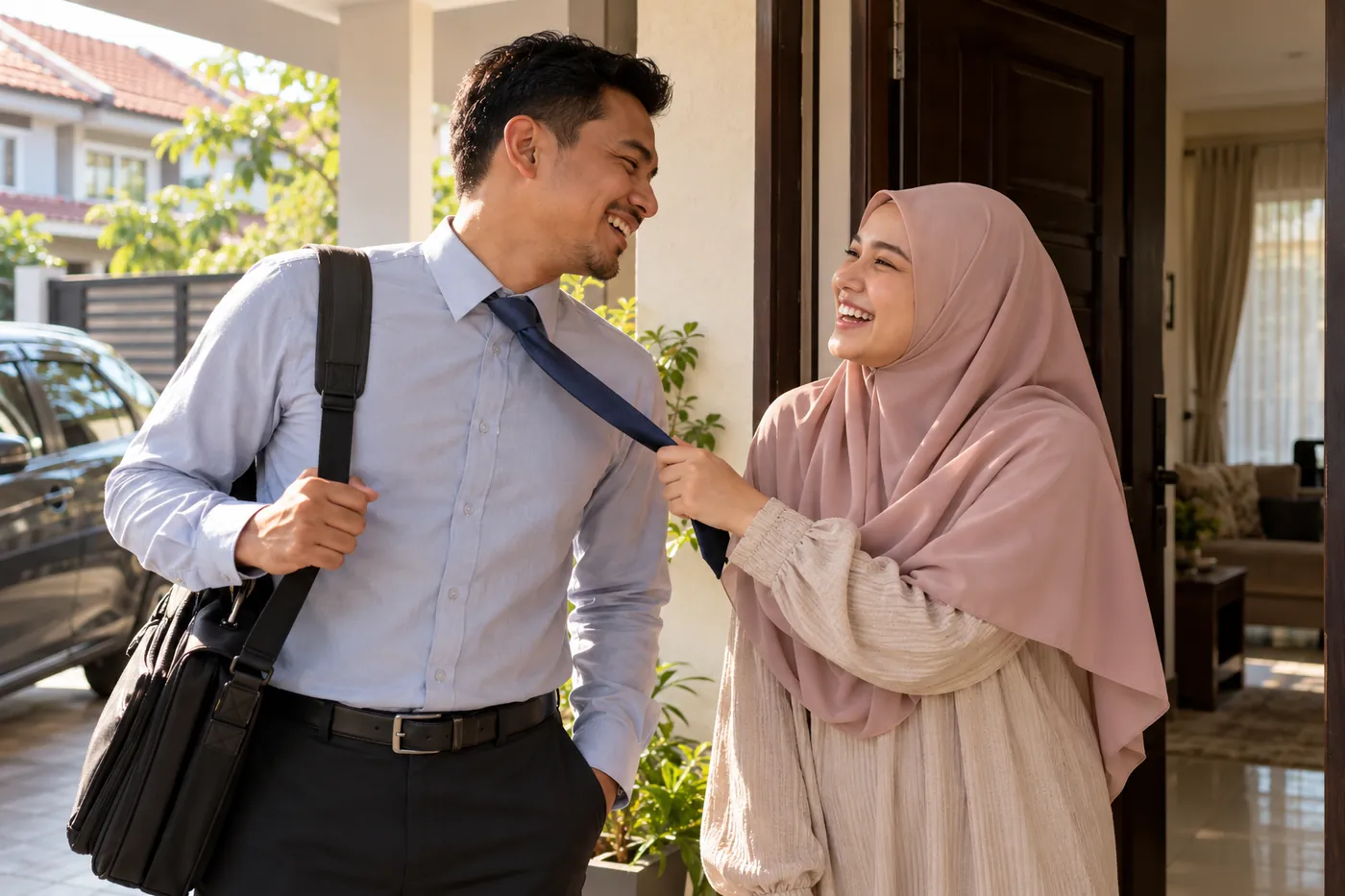 Isteri di pintu menarik tali leher suami yang berkemeja, ketawa