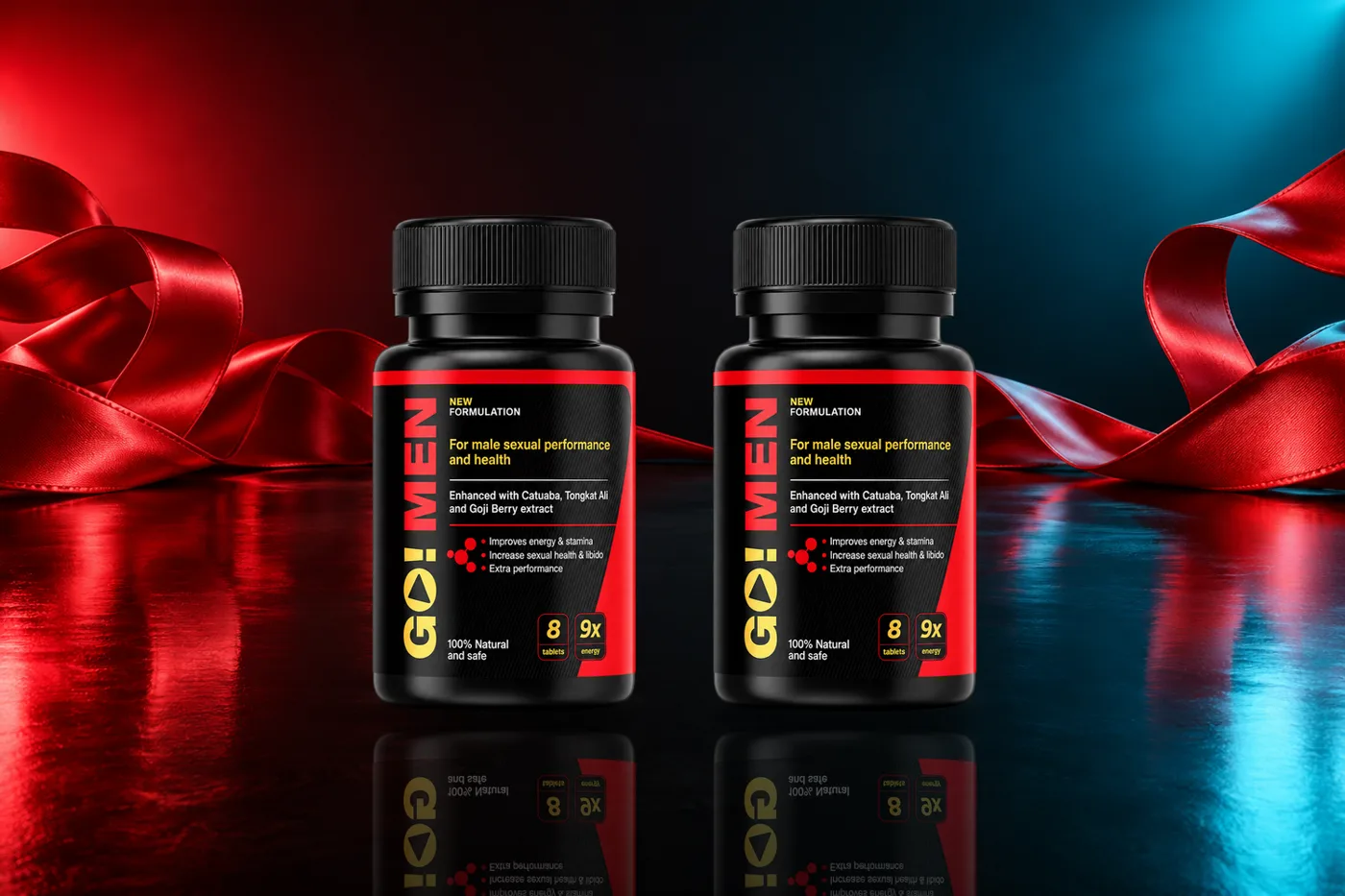 Dua botol Go Men dengan reben merah dan pelekat FREE