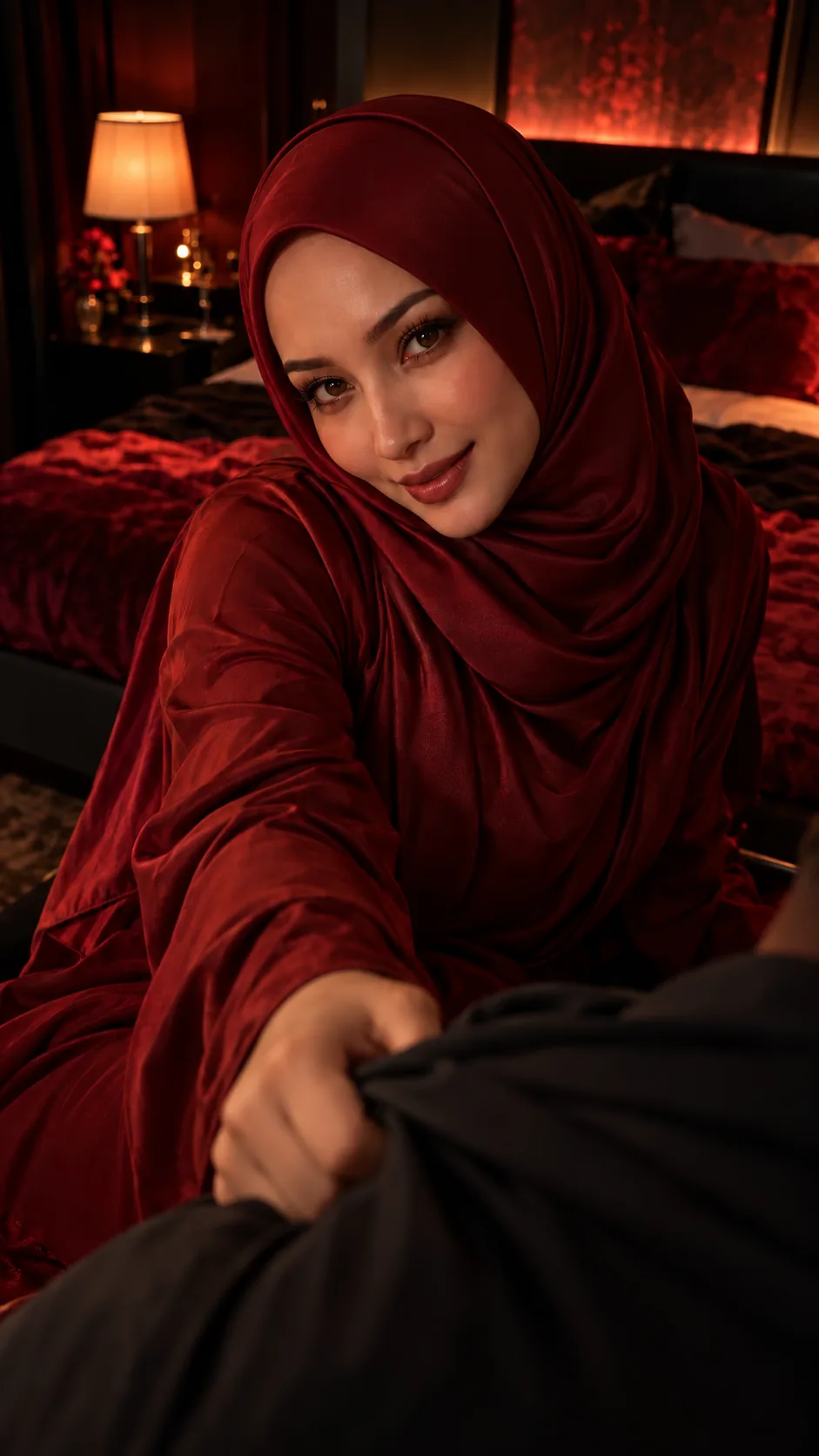 Isteri bertudung satin merah memandang menggoda ke kamera, tangannya menarik kolar baju suami dari pandangan suami