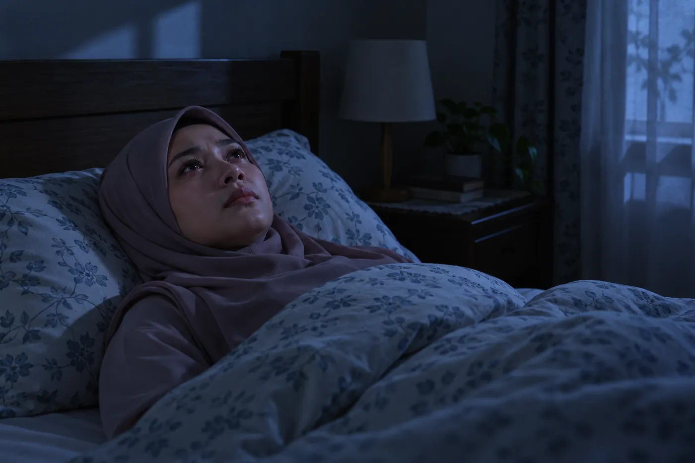 Isteri bertudung baring terjaga memandang siling dengan mata berkaca di bawah cahaya bulan biru