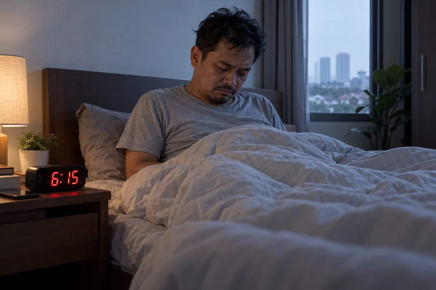 Lelaki baru bangun, jam loceng 6:15 pagi, memandang ke bawah selimut