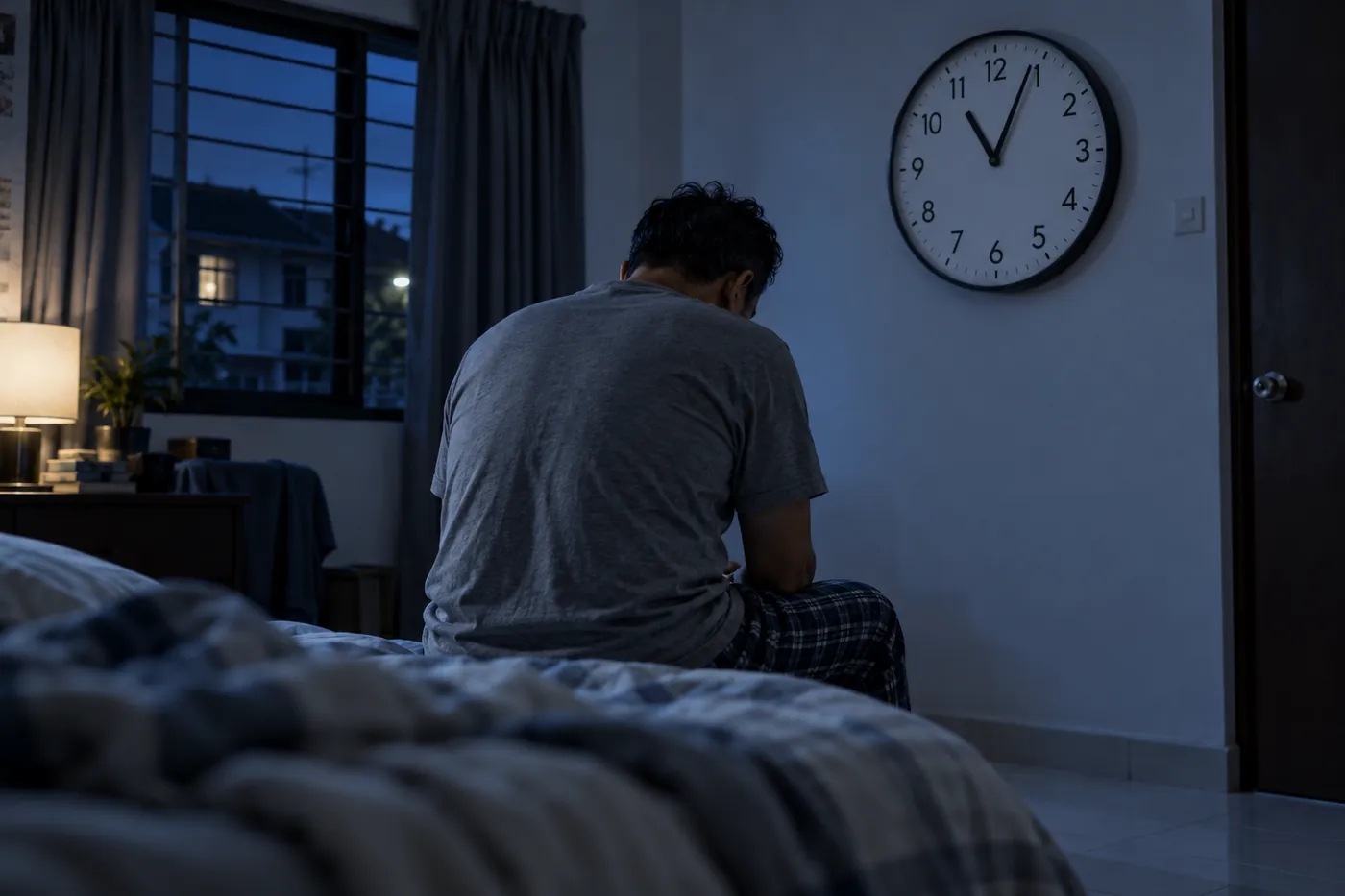 Lelaki duduk membelakang kamera, jam dinding baru 3 minit berlalu