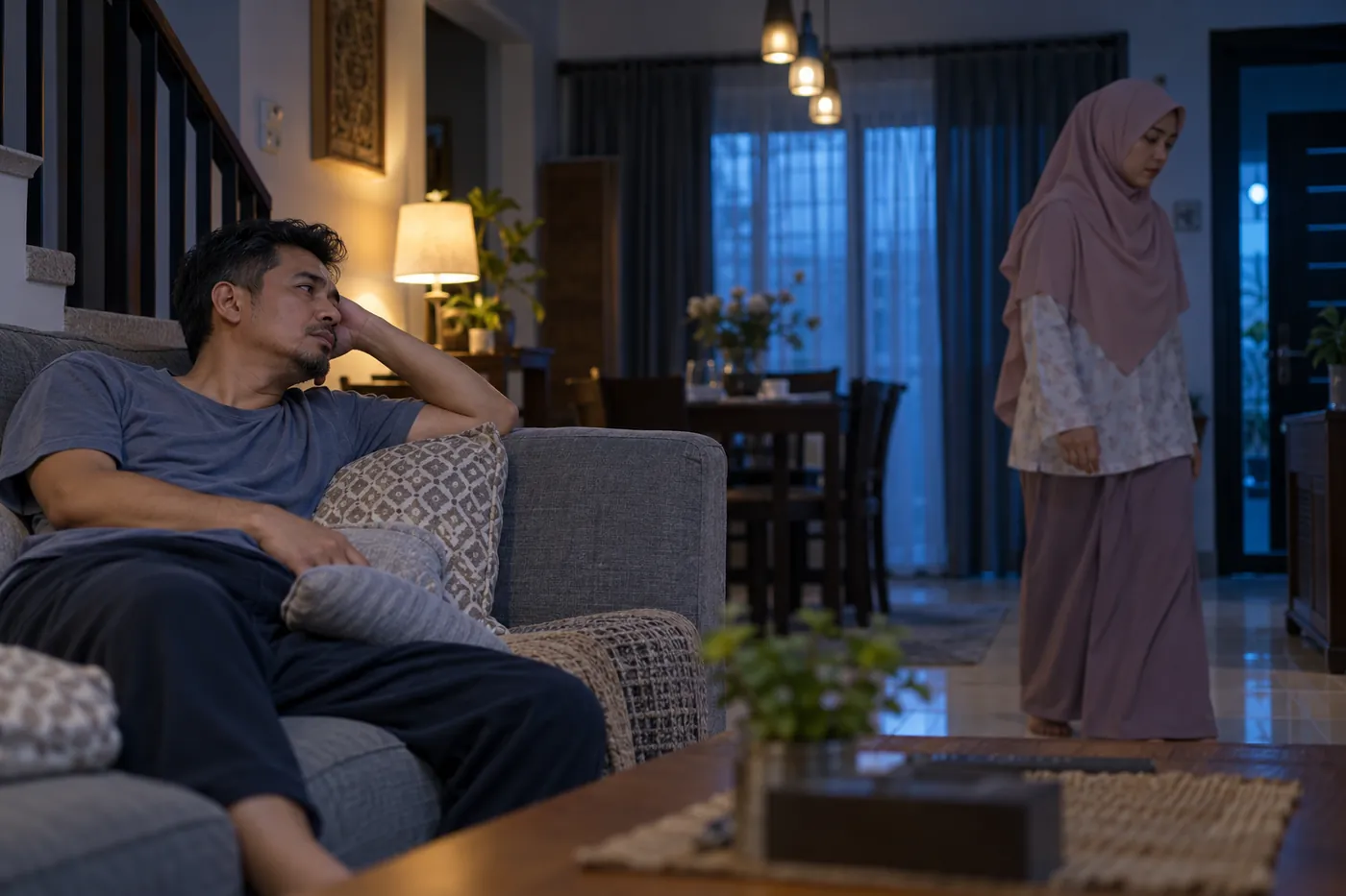 Lelaki longlai di sofa memandang isteri yang lalu