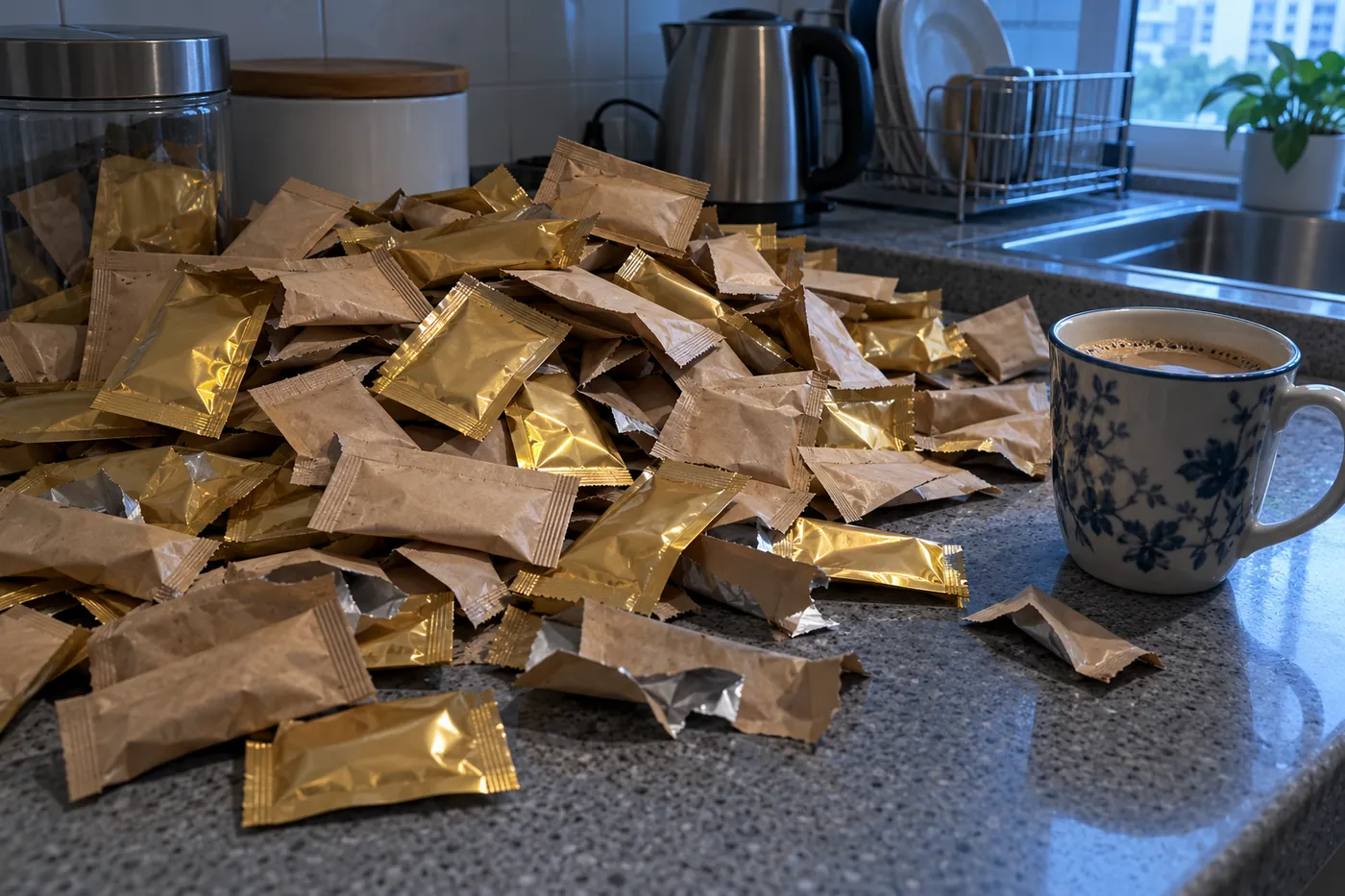 Bertimbun paket kopi tongkat ali atas kaunter dapur