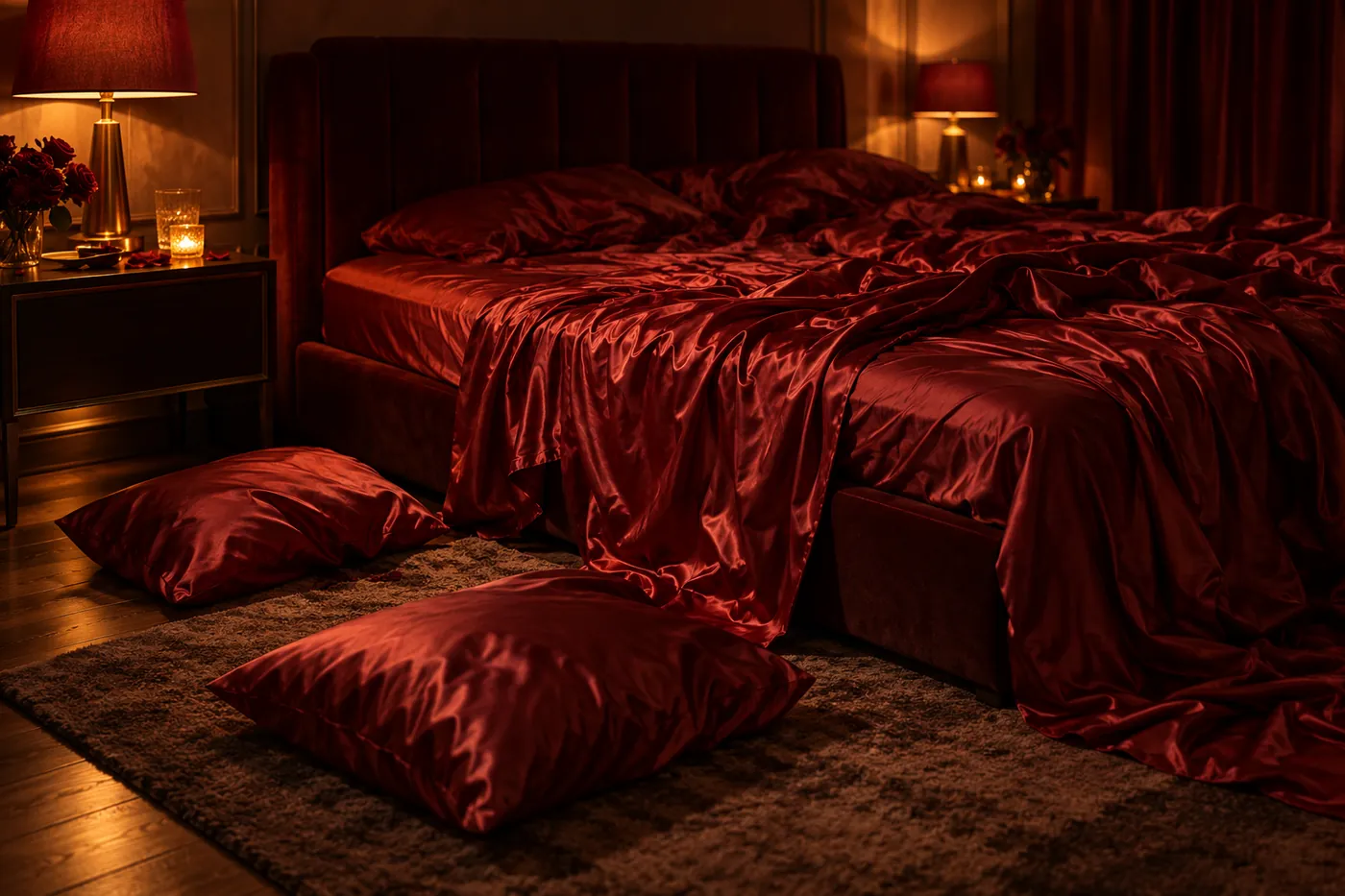 Cadar merah berkedut dan dua bantal jatuh di lantai dengan lampu merah hangat